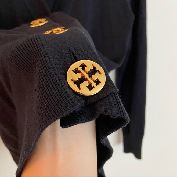 Tory Burch Logo Button V-Neck Cardigan in Navy - Picture 5 of 8